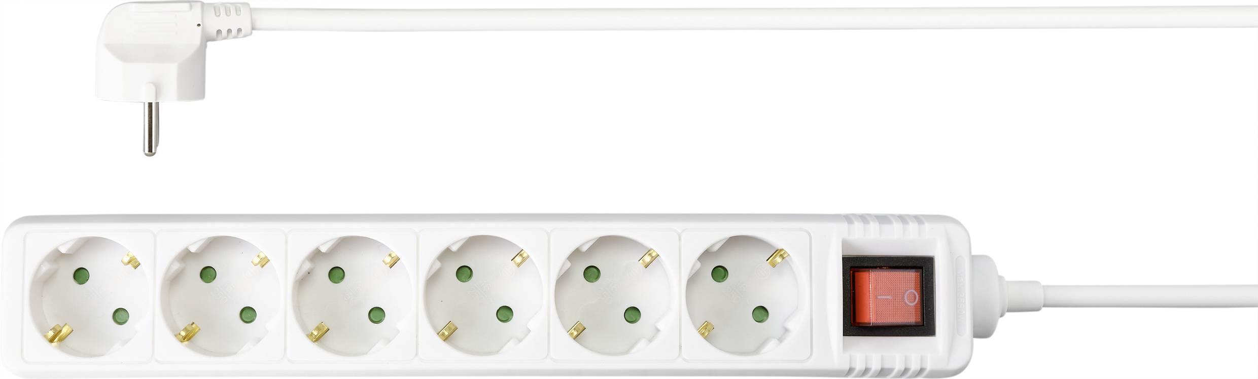 Een witte stekkerdoos met zes aansluitingen en een rode aan-/uitschakelaar, waarbij een van de kabels een haakse stekker heeft.