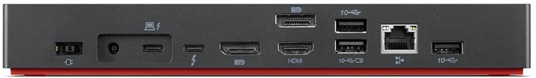 Achteraanzicht van een dockingstation met meerdere aansluitingen zoals HDMI, USB, Ethernet en een SD-kaartslot, gebruikt voor computerverbindingen.