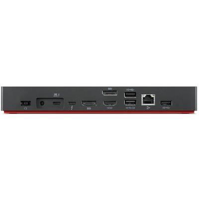 Achteraanzicht van een dockingstation met meerdere aansluitingen zoals HDMI, USB, Ethernet en een SD-kaartslot, gebruikt voor computerverbindingen.