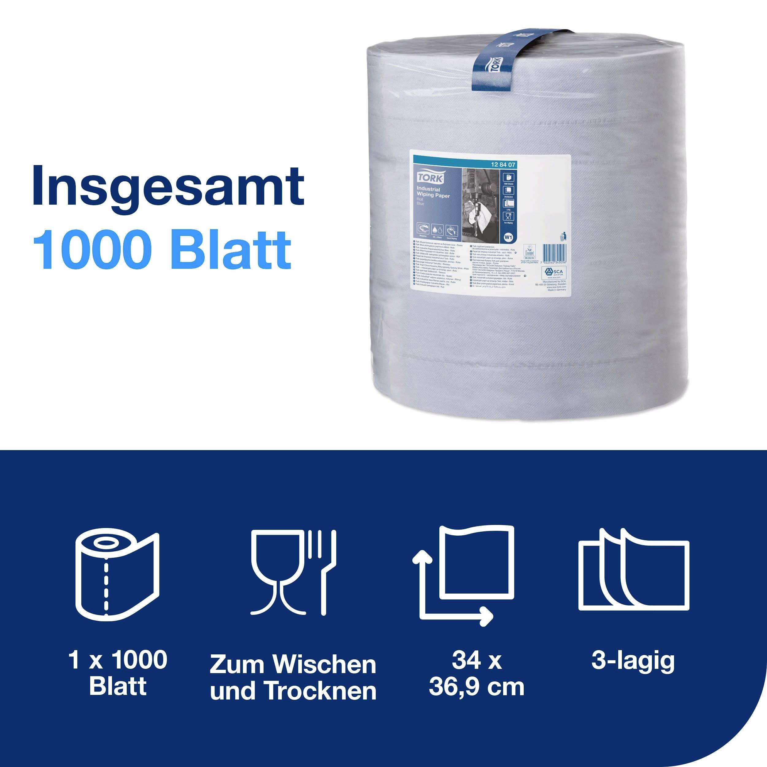 Rol met 1000 papieren doekjes. Verpakking toont symbolen voor gebruik bij het schoonvegen, formaat 34x36,9 cm, 3-laags.