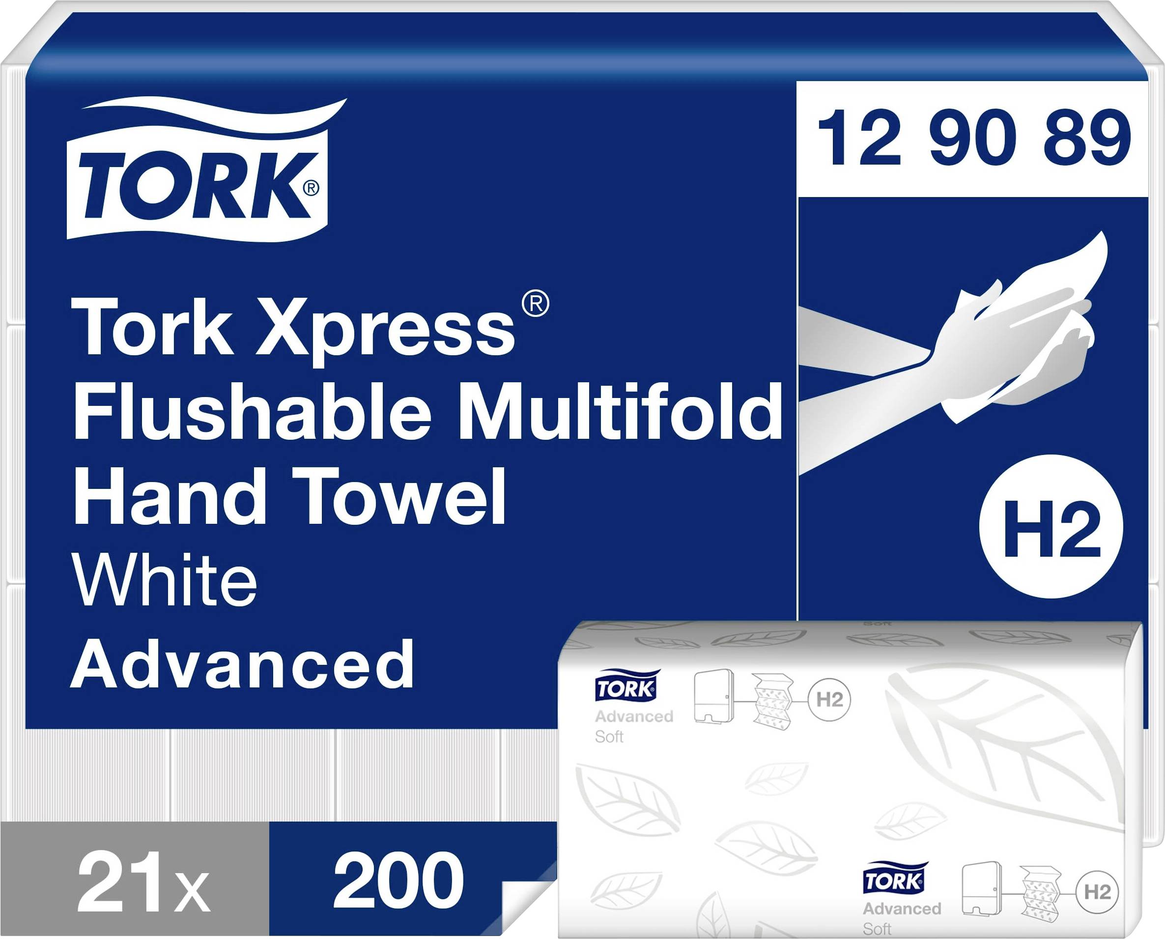 Tork Xpress toiletpapier-verpakking in blauw-wit. Bevat de tekst 'Flushable Multifold Hand Towel' en een H2-symbool.
