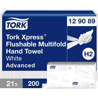 Tork Xpress toiletpapier-verpakking in blauw-wit. Bevat de tekst 'Flushable Multifold Hand Towel' en een H2-symbool.