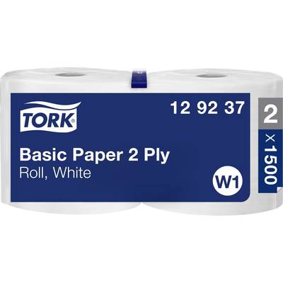 Twee rollen wit toiletpapier, merk Tork, 2-laags, rol, 1500 vellen, productnummer 12 92 37, categorie W1.