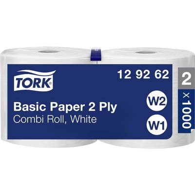 'Twee Combi-rollen wit Tork Basic Paper, 2-laags; verpakkingsnummer 12 92 62, etiket toont W2 en W1 voor verschillende dispensers.'