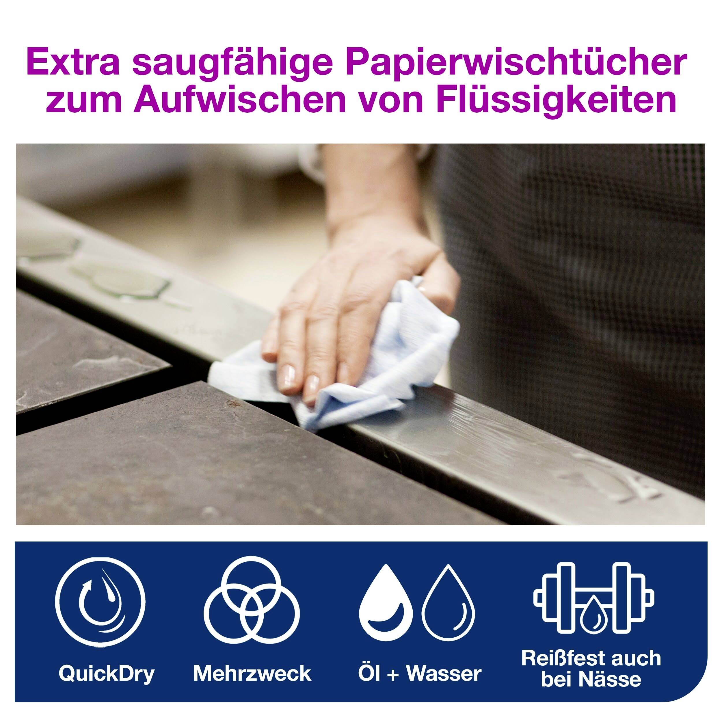 Een hand veegt een vloeistof van een tafeloppervlak met een papieren doekje. Tekst bovenaan: 'Extra absorberend keukenpapier'. Symbolen onderaan beschrijven de eigenschappen van het doekje.