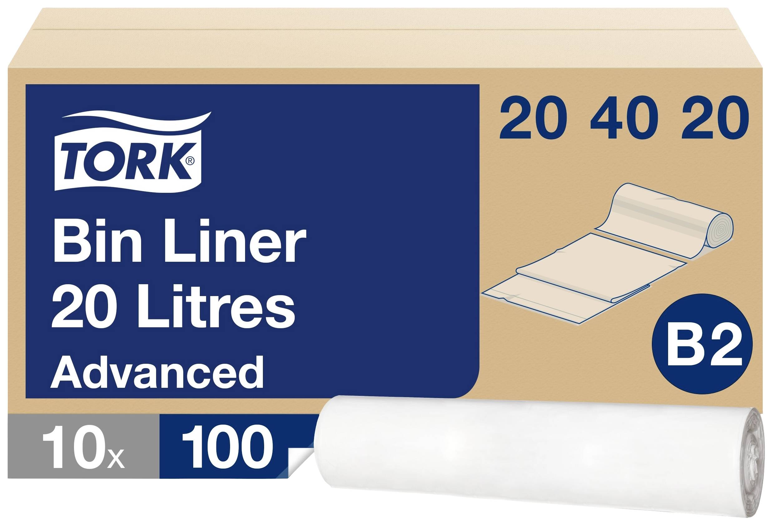 Verpakking van Tork vuilniszakken, 20 liter, 10 rollen met elk 100 zakken, afbeelding van een opgerolde vuilniszak rechts.