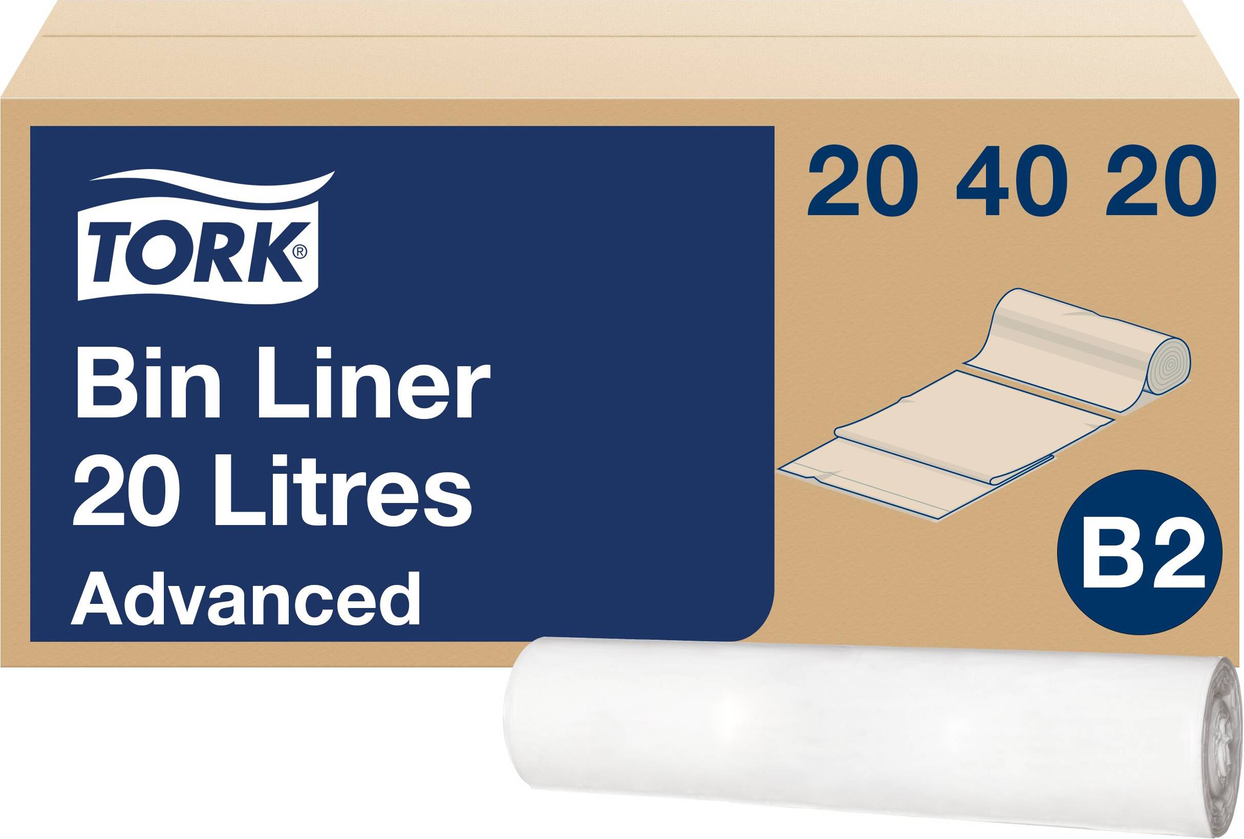 Kartonnen doos met blauw etiket 'Tork Bin Liner 20 Liter Advanced'. Toont een afbeelding van de vuilniszakken en een rol-afbeelding.