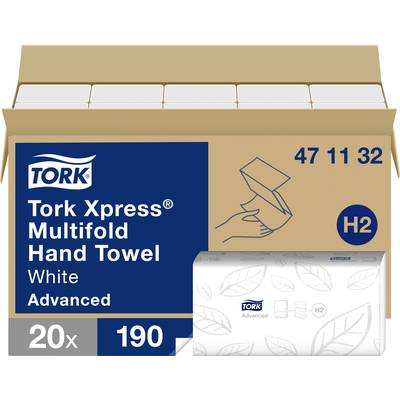 Een verpakking 'Tork Xpress Multifold Handdoeken', wit, 20 pakken met elk 190 handdoeken, H2 Systeem, voor hygiënisch handenwassen.