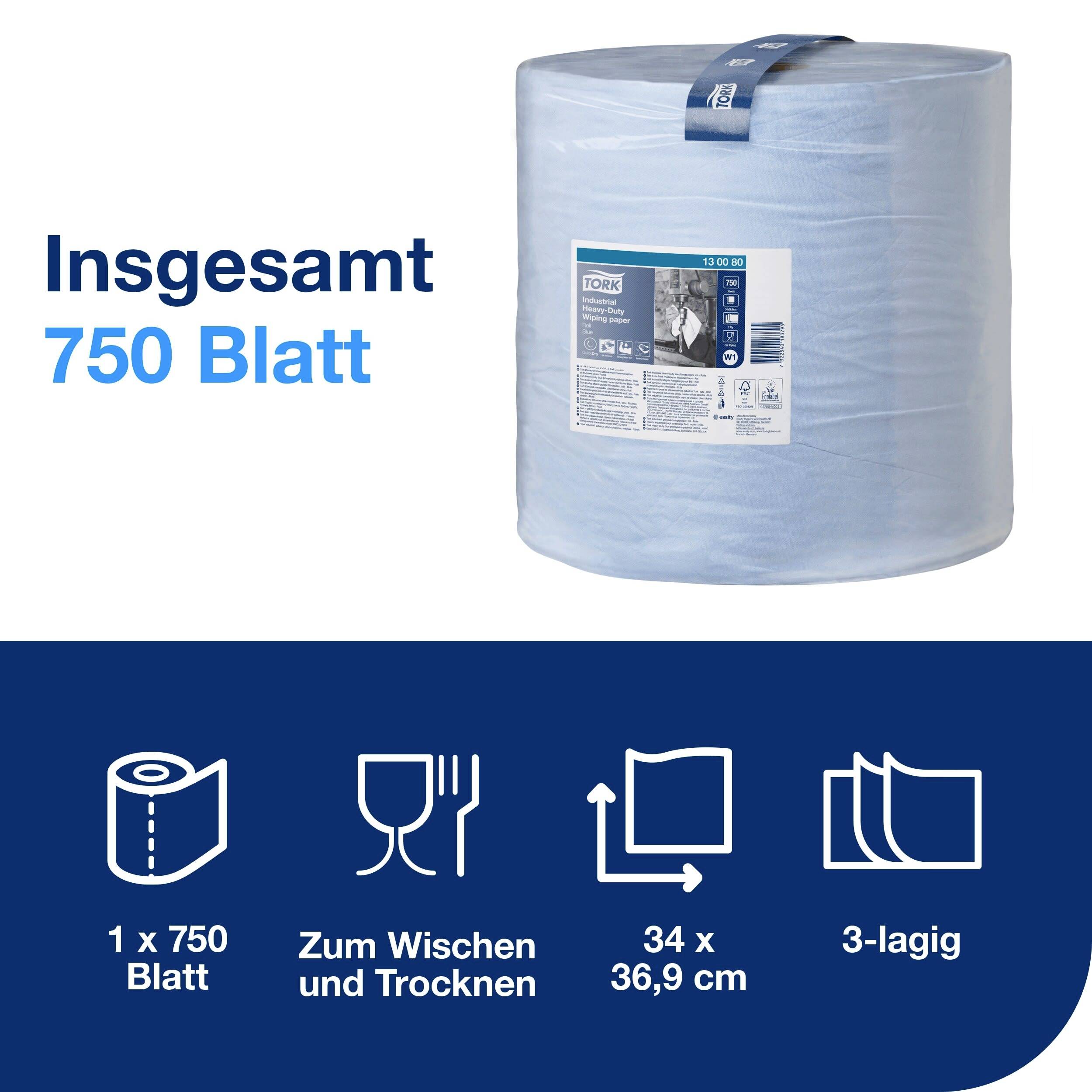 Blauwe papieren handdoekrol, 750 vellen, voor schoonmaken en drogen. Afmetingen 34 x 36,9 cm, 3-laags. Hoofdtekst: 'In totaal 750 vellen'. Gebruikssymbolen.