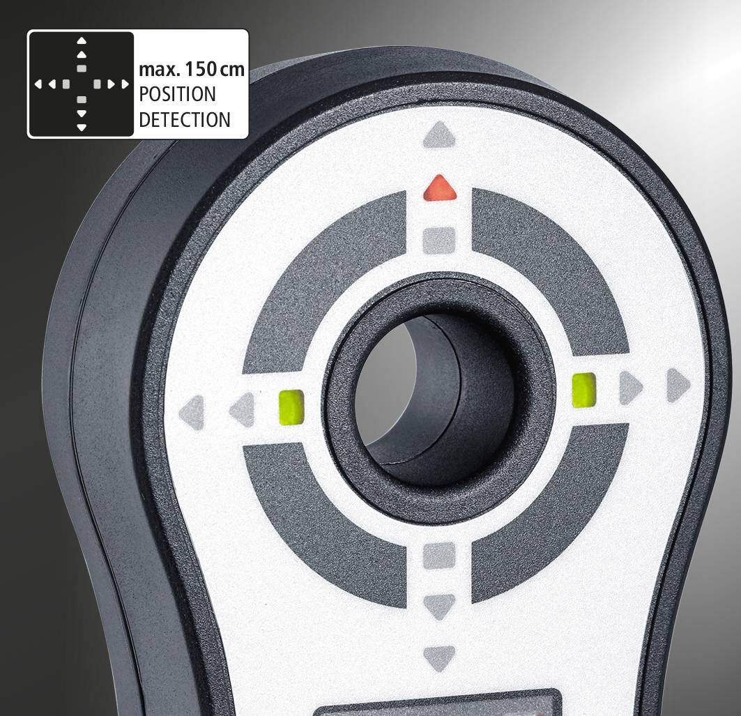 'Sensor met gat in het midden en pijlen, toont "max. 150 cm positiedetectie".'