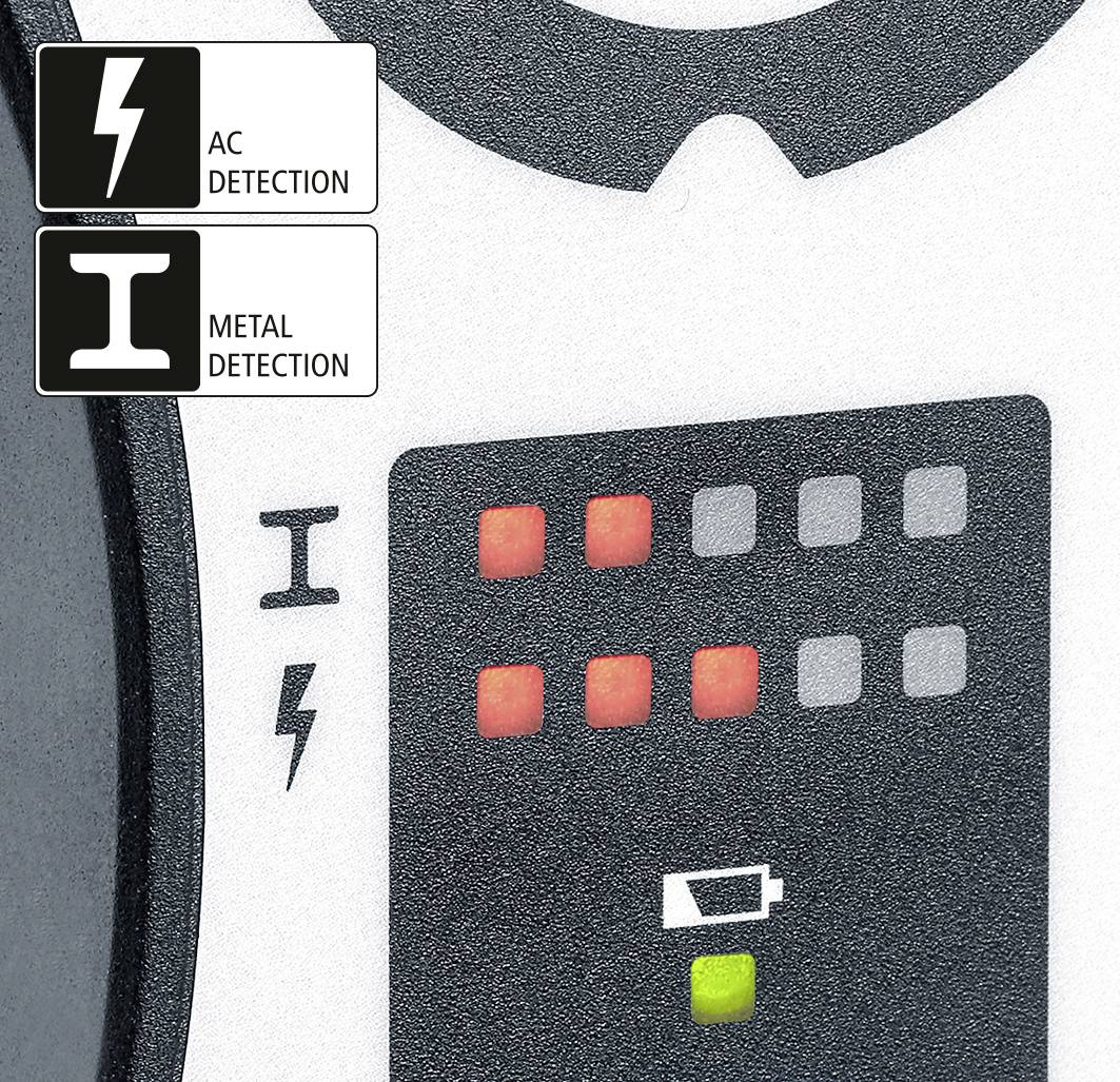 'AC-detectie' en 'Metaaldetectie' symbolen op een apparaat. Vier rode en één groene lamp op een bedieningspaneel.