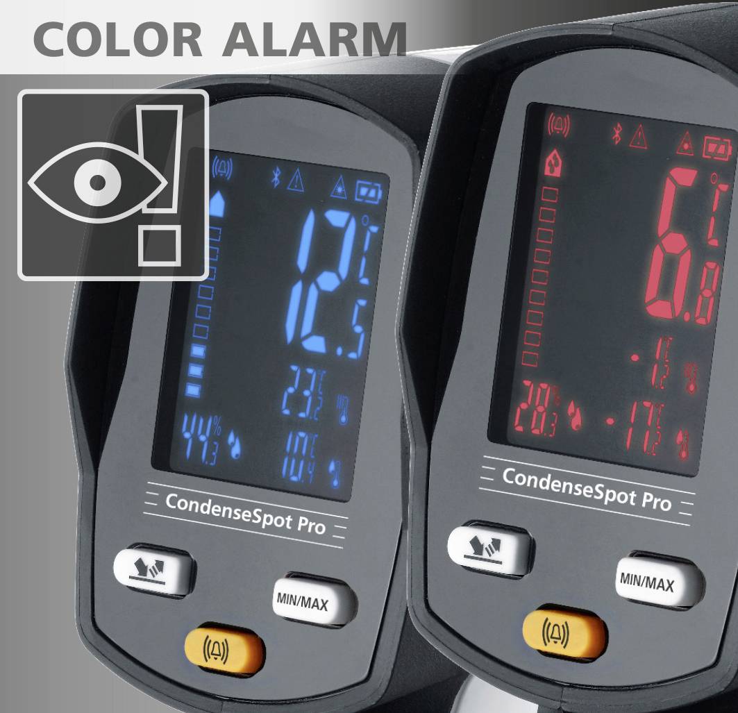 Twee digitale thermometers tonen verschillende temperatuurwaarden. Links 12,5 °C, rechts 6,8 °C. Opschrift bovenaan: 'COLOR ALARM'.