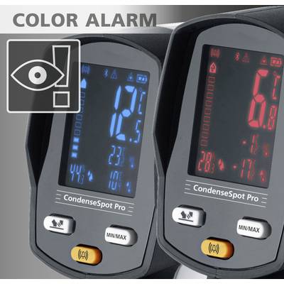 Twee digitale thermometers tonen verschillende temperatuurwaarden. Links 12,5 °C, rechts 6,8 °C. Opschrift bovenaan: 'COLOR ALARM'.