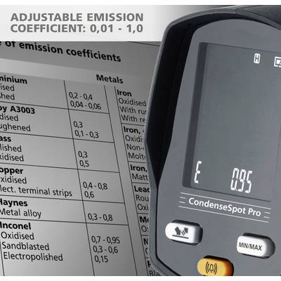 'CondenseSpot Pro' meetapparaat toont emissiefactor 0,95. De tabel links bevat metaalsoorten en bijbehorende emissiewaarden.