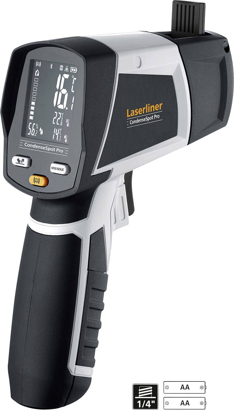 Een infrarood-thermometer met digitaal display dat de huidige temperatuur weergeeft. Merk 'Laserliner', model 'CondenseSpot Pro'.