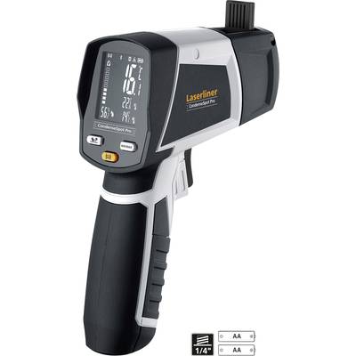 Een infrarood-thermometer met digitaal display dat de huidige temperatuur weergeeft. Merk 'Laserliner', model 'CondenseSpot Pro'.