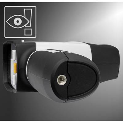 Een zwart-wit handapparaat met de focus op de cameraopening en een grafisch oogpictogram in de linkerbovenhoek.