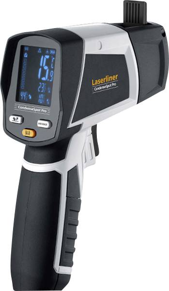 Een digitale infrarood-thermometer toont op een display een temperatuur van 15,9 graden Celsius. Apparaat in zwart en grijs.