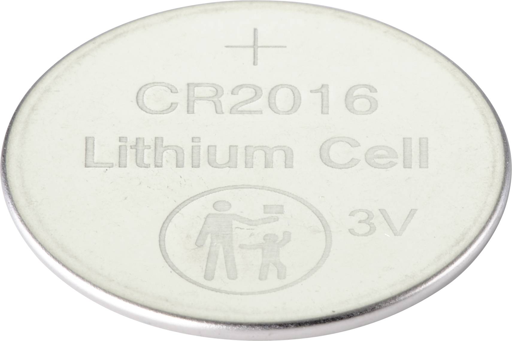 Ronde, zilveren knoopcelbatterij, gemarkeerd met 'CR2016 Lithium Cell 3V'. Bevat symbool: Volwassene geeft batterij aan kind als waarschuwingssignaal.