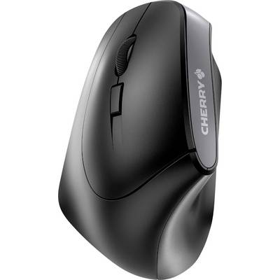 Zwarte computermuis met ergonomisch ontwerp en scrollwiel. Het merk 'CHERRY' is zichtbaar aan de zijkant. Ideaal voor comfortabel gebruik.