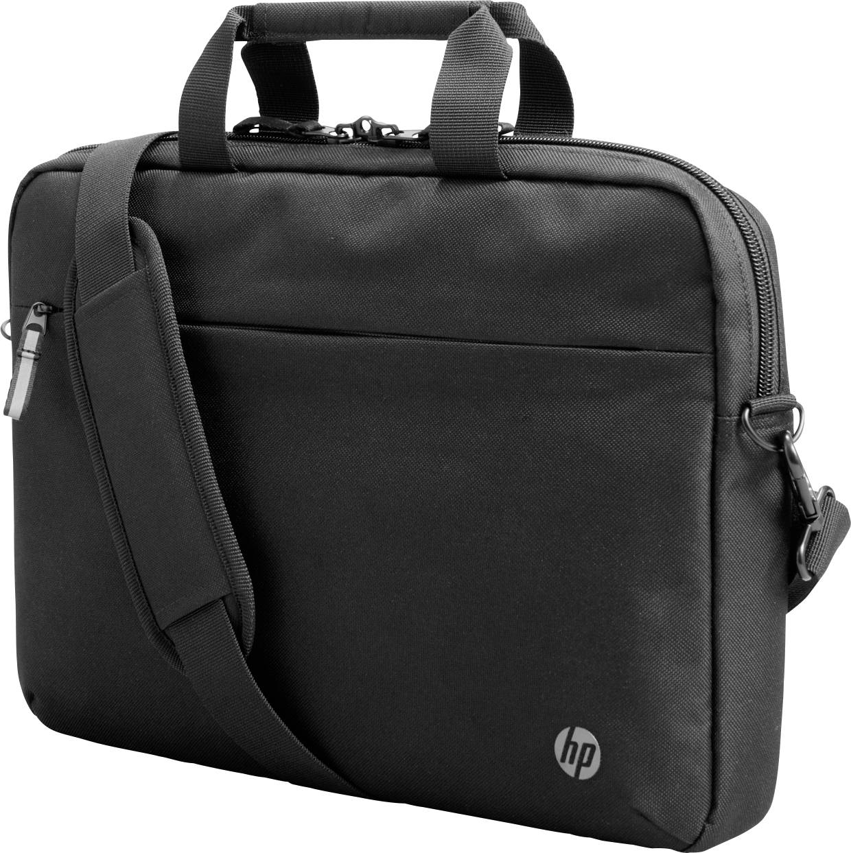 Een zwarte laptoptas met handgreep en schouderband. Hij heeft een voorkant met een zijvak en een rits, met het merklogo rechtsonder.