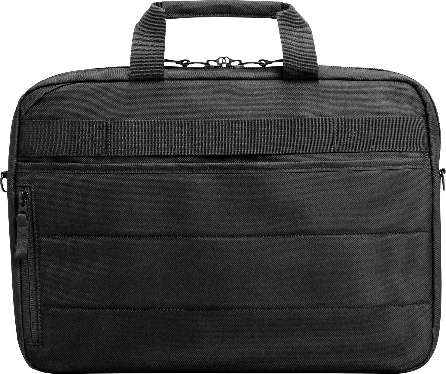Zwarte laptoptas met handgreep en ritsvak aan de voorkant, geschikt voor transport en bescherming van laptops of tablets.