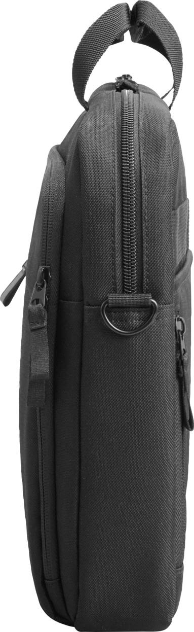 Zwarte, slanke laptoptas met rits en handgreep, zijaanzicht.