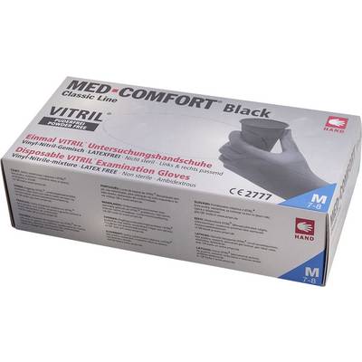 Verpakking van MED-COMFORT VITRIL wegwerphandschoenen, poedervrij, vinyl-nitril, niet-steriel, maat M 7-8, linker- en rechterhand.