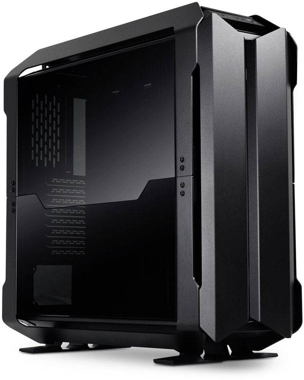 Een modern pc-behuizing met zijraam en zwarte metalen afwerking. Minimalistisch design, geschikt voor high-end pc's.