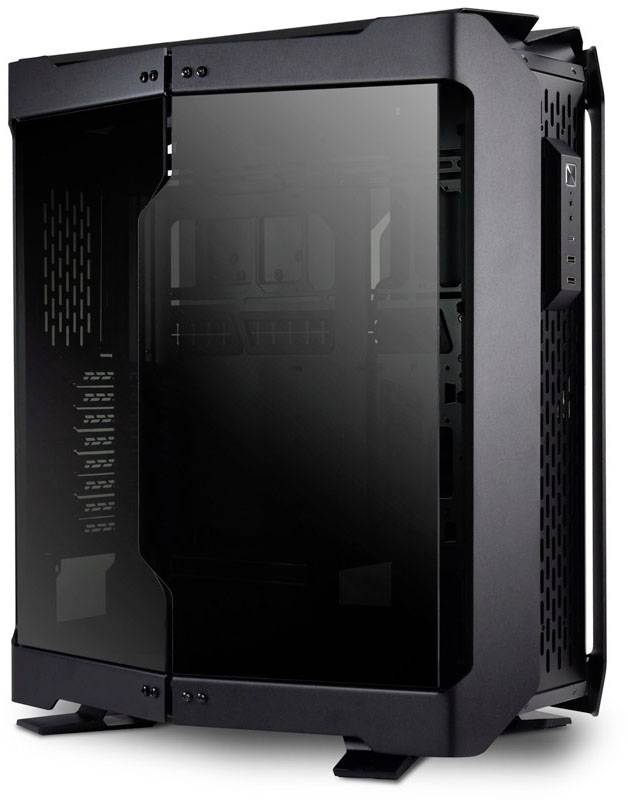 Een zwarte computerbehuizing met een zijraam van glas, die een blik naar binnen op de interne structuur mogelijk maakt. Ideaal voor gaming-opstellingen.