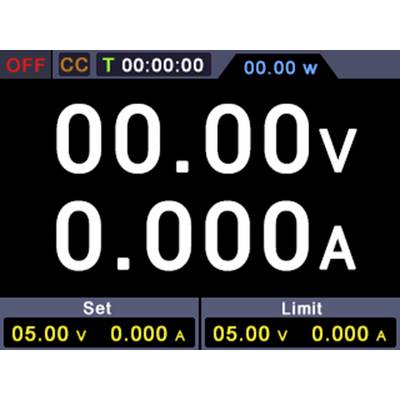 Digitale weergave van een elektrisch apparaat met spanningsmetingen (00.00 V) en stroommetingen (0.000 A). Links bovenaan: UIT, CC. Onderaan: Ingestelde en limietwaarden op 05.00 V en 0.000 A.