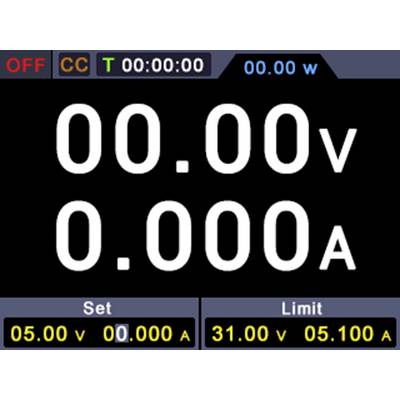 Beeld van een digitaal stroom- en spanningsweergaveapparaat. Toont nulwaarden '00.00V' en '0.000A'. Instelling: 05.00V, 00.000A. Limiet: 31.00V, 05.100A.