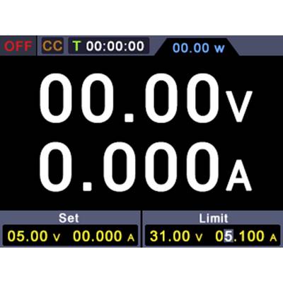 Een scherm toont elektrische parameters: Spanning (00.00 V) en stroomsterkte (0.000 A). Instellingen: Spanning (31.00 V), stroombeperking (5.100 A).