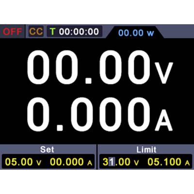 Een scherm toont een digitale weergave met spanning '00.00 V' en stroomsterkte '0.000 A'. Links onderaan: Set '05.00 V', '00.000 A'; rechts Limiet '31.00 V', '05.100 A'.