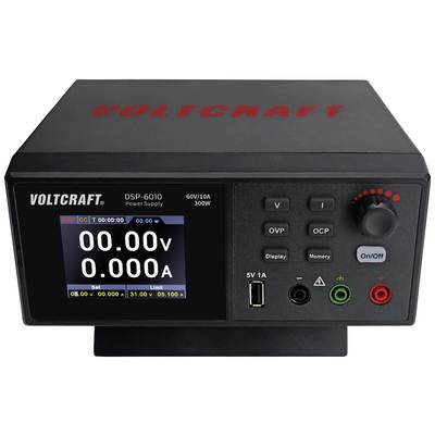 Elektronische spanningsbron met digitaal display dat spanning en stroom weergeeft. Bevat bedieningsknoppen en aansluitingen voor stroomklemmen.