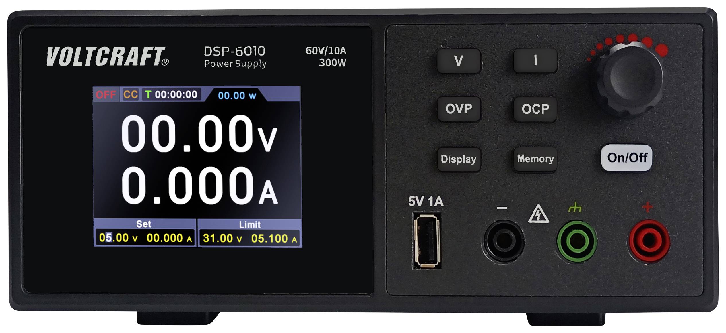 Een zwart voedingsmodel 'Voltcraft DSP-6010' met digitaal display toont 0,00V en 0,000A. Knoppen en aansluitingen bevinden zich aan de voorkant.