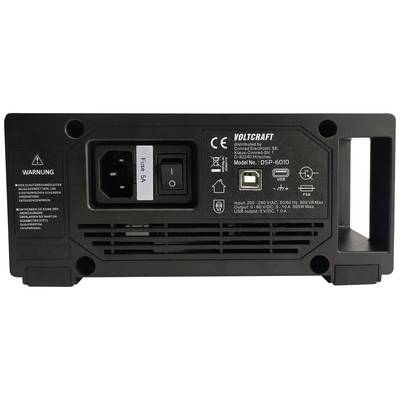 Achterkant van een Voltcraft voedingsapparaat met netschakelaar, USB-aansluiting, stroomkabelaansluiting en zekering.