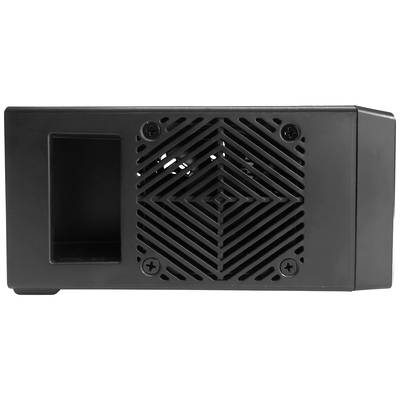 Zwart rechthoekig apparaat met ventilatierooster en vier schroeven aan de voorkant. Aan de linkerkant bevindt zich een rechthoekige opening.