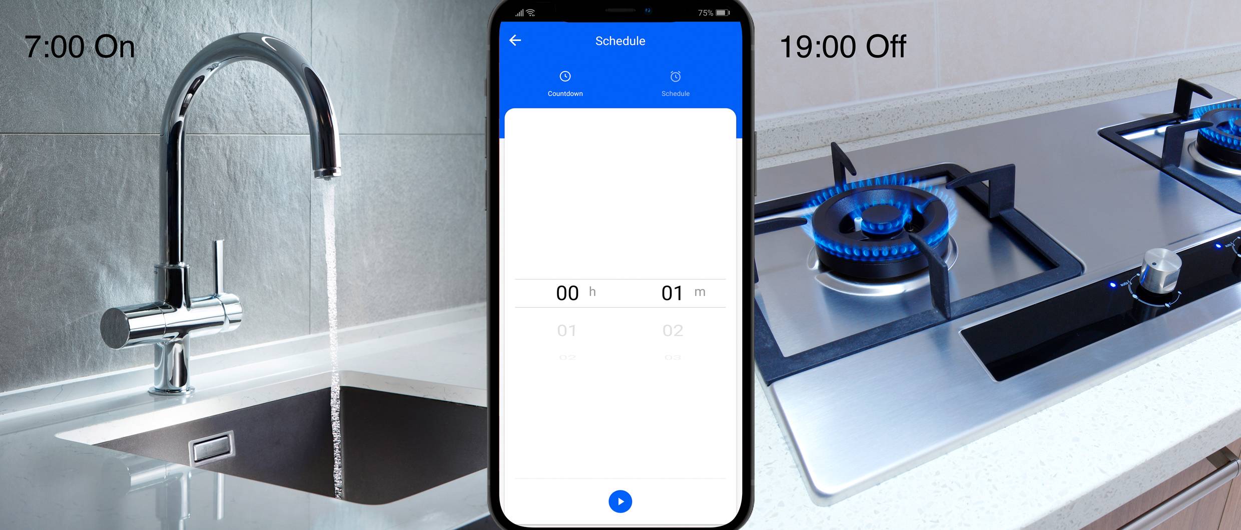 Een smartphone toont een schema voor het in- en uitschakelen van water- en gastoevoer om 7:00 uur aan en om 19:00 uur uit.