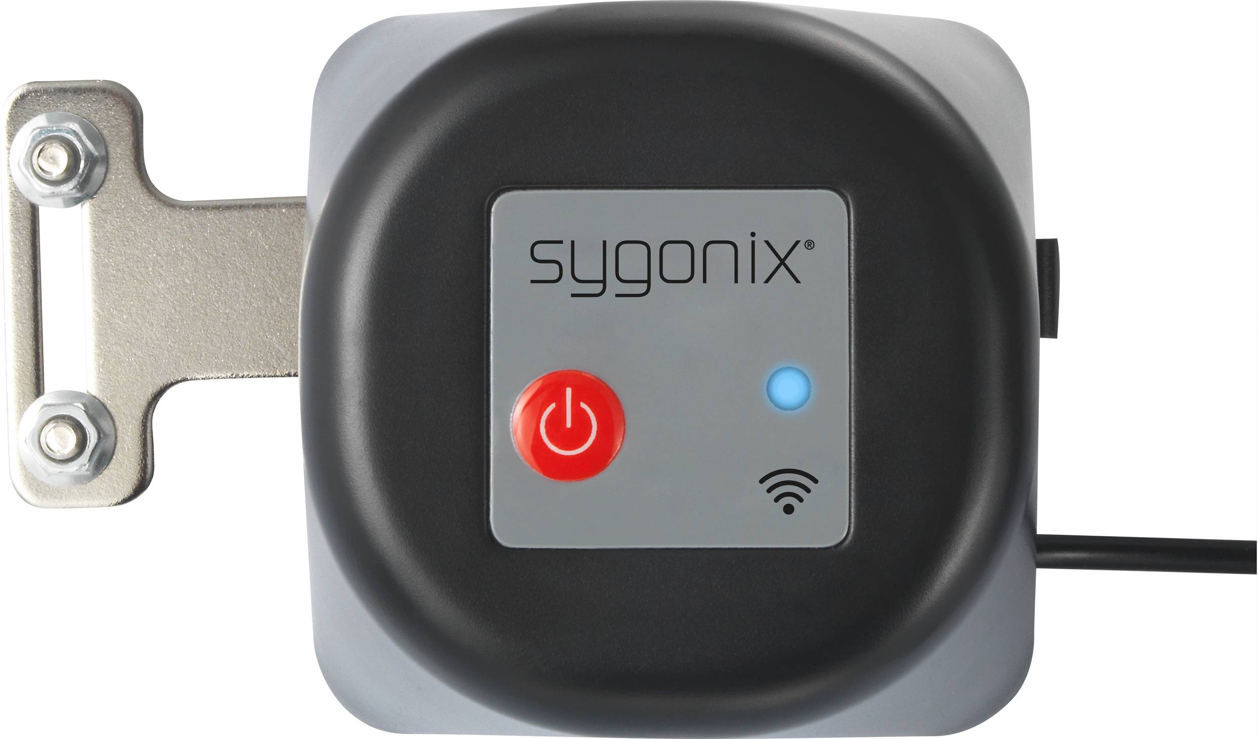 Een zwart en grijs apparaat met het opschrift 'sygonix', een rode aan/uit-knop en een blauw LED-lampje. Het heeft een metalen bevestiging.