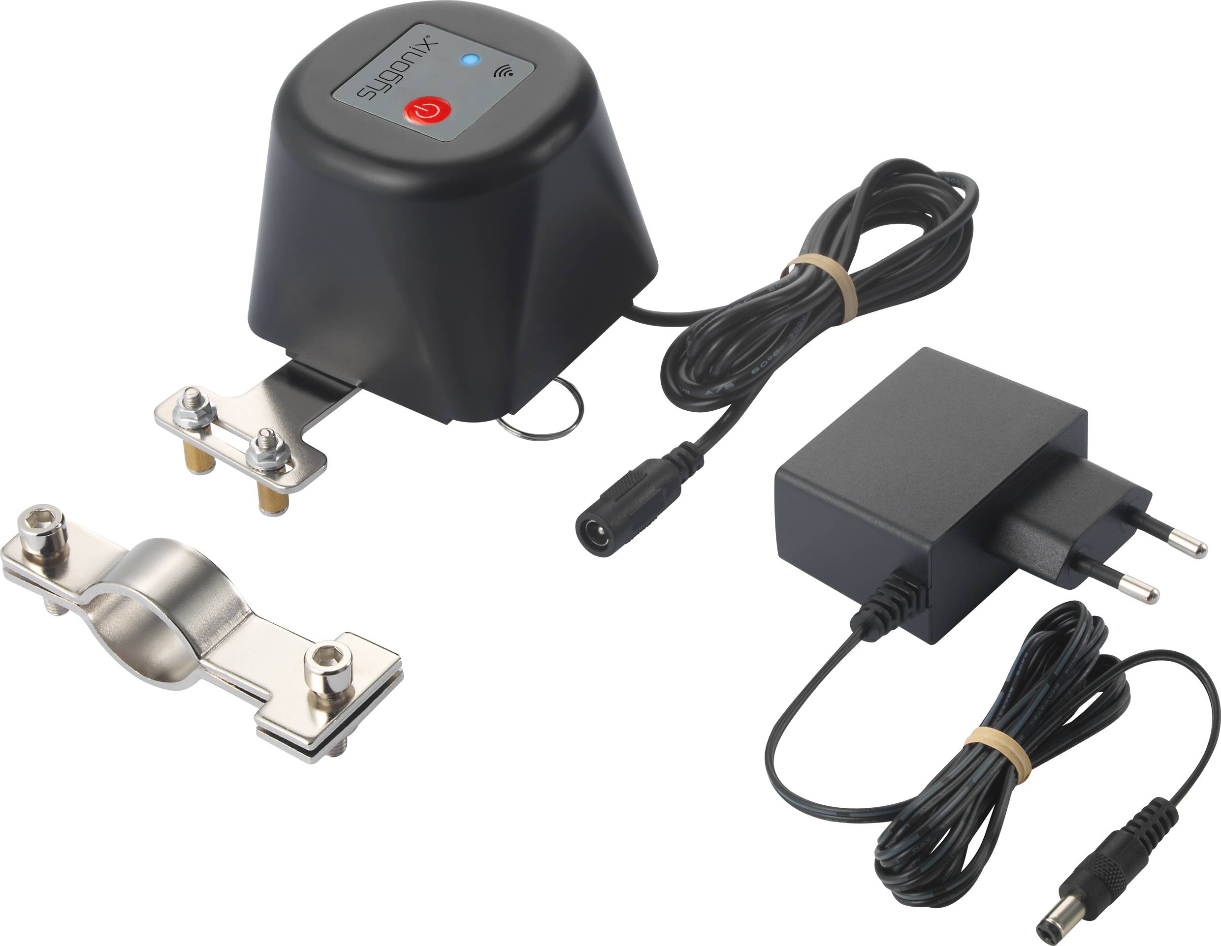 'Elektrisch apparaat met voedingsadapter en montagebeugel.'