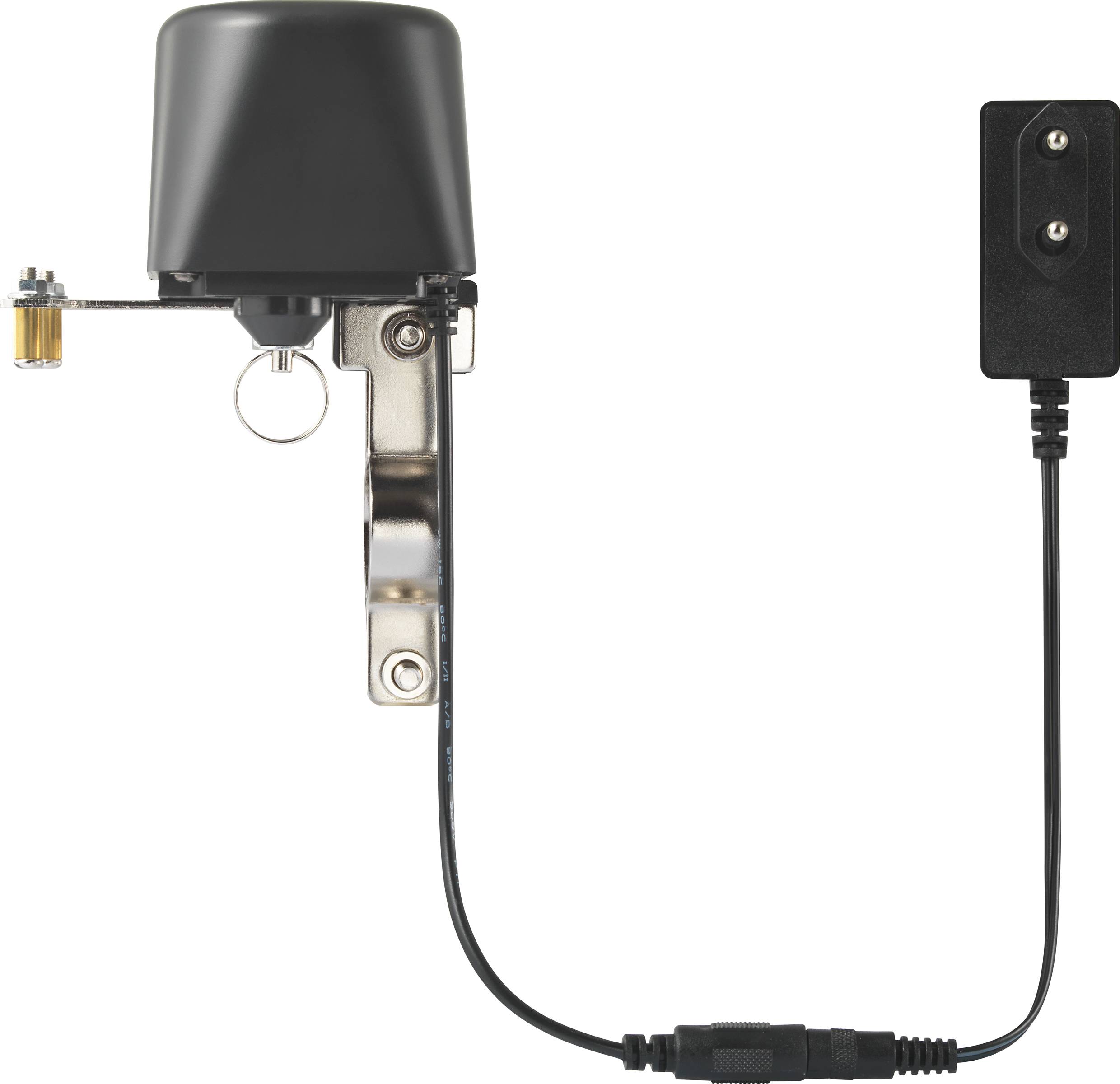 Elektrische motorsteun met stroomkabel. Belangrijkste componenten: motor, steun en aansluitadapter. Geschikt voor raamautomatisering.