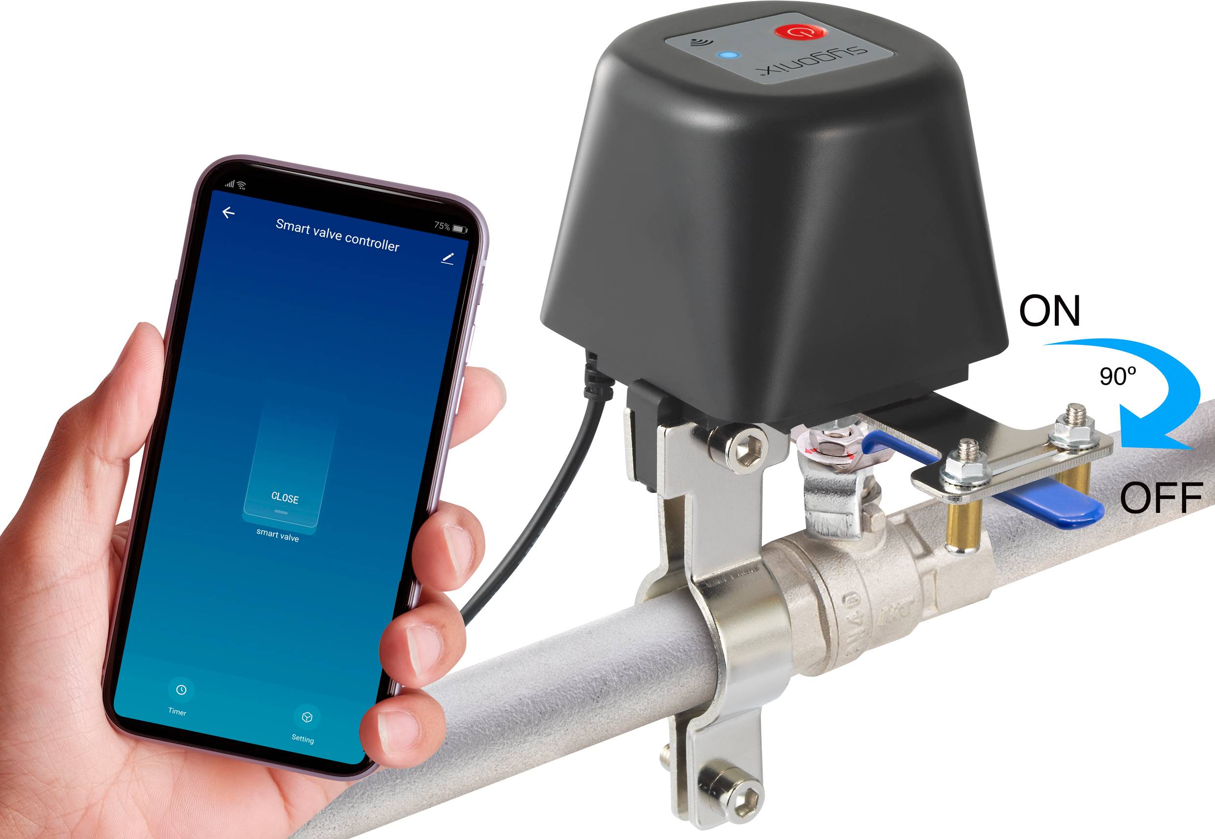 Een hand houdt een smartphone vast met de app 'Smart Valve Controller'. Naast de hand bevindt zich een ventiel met een schakelaar die 'ON' en 'OFF' aangeeft.