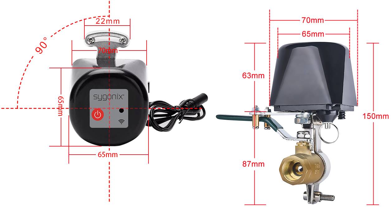 'Elektrisch waterhaanventiel', links: Vooraanzicht met afmetingen 55 mm x 100 mm x 22 mm, rechts: Ventielvdiagram met montagegegevens.