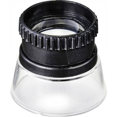 Een vergrootglas met een zwarte rand en een heldere voet, dat licht door een lens versterkt. Ideaal voor het vergroten van kleine objecten.