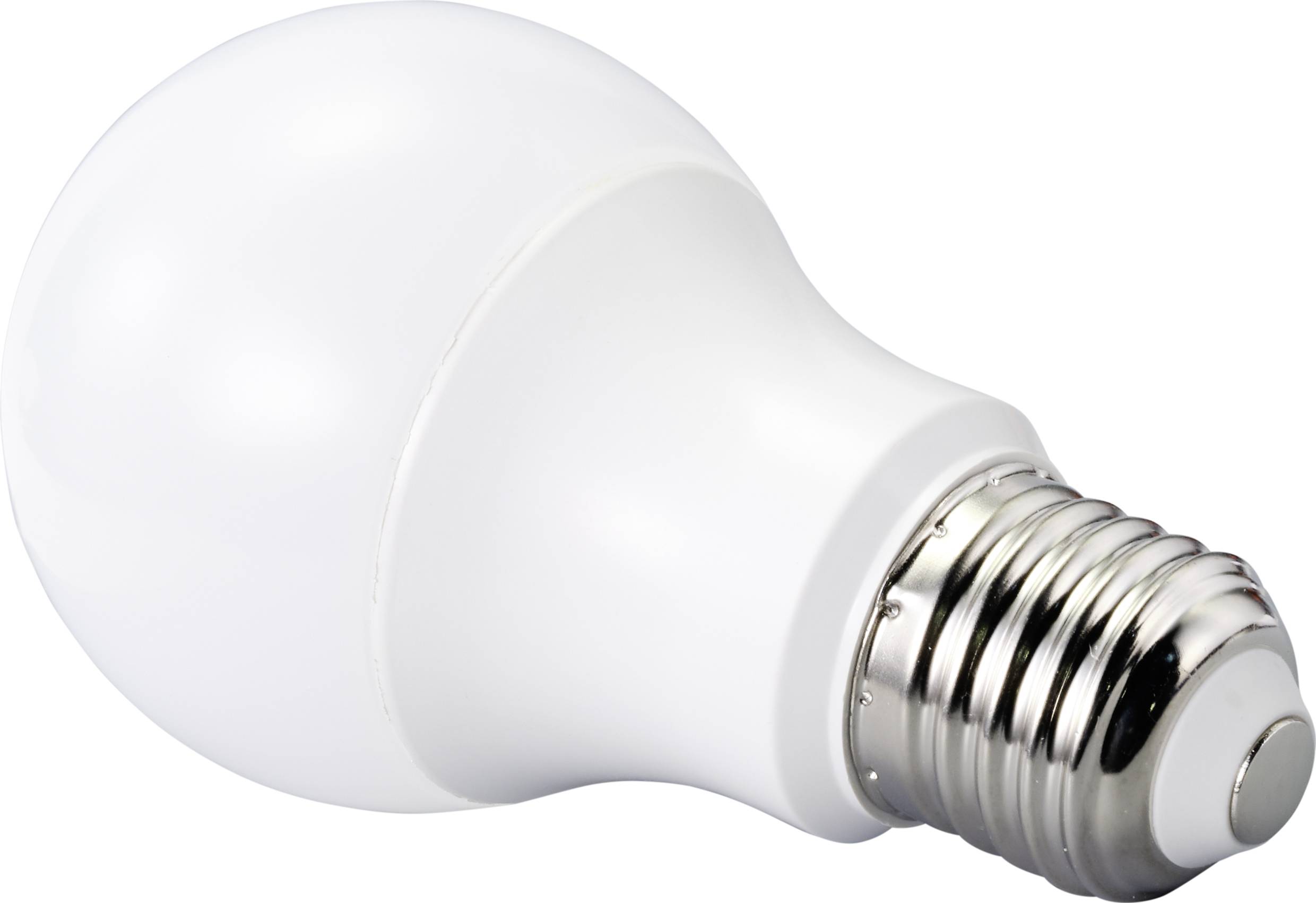 Witte LED-gloeilamp met metalen fitting op lichte achtergrond.