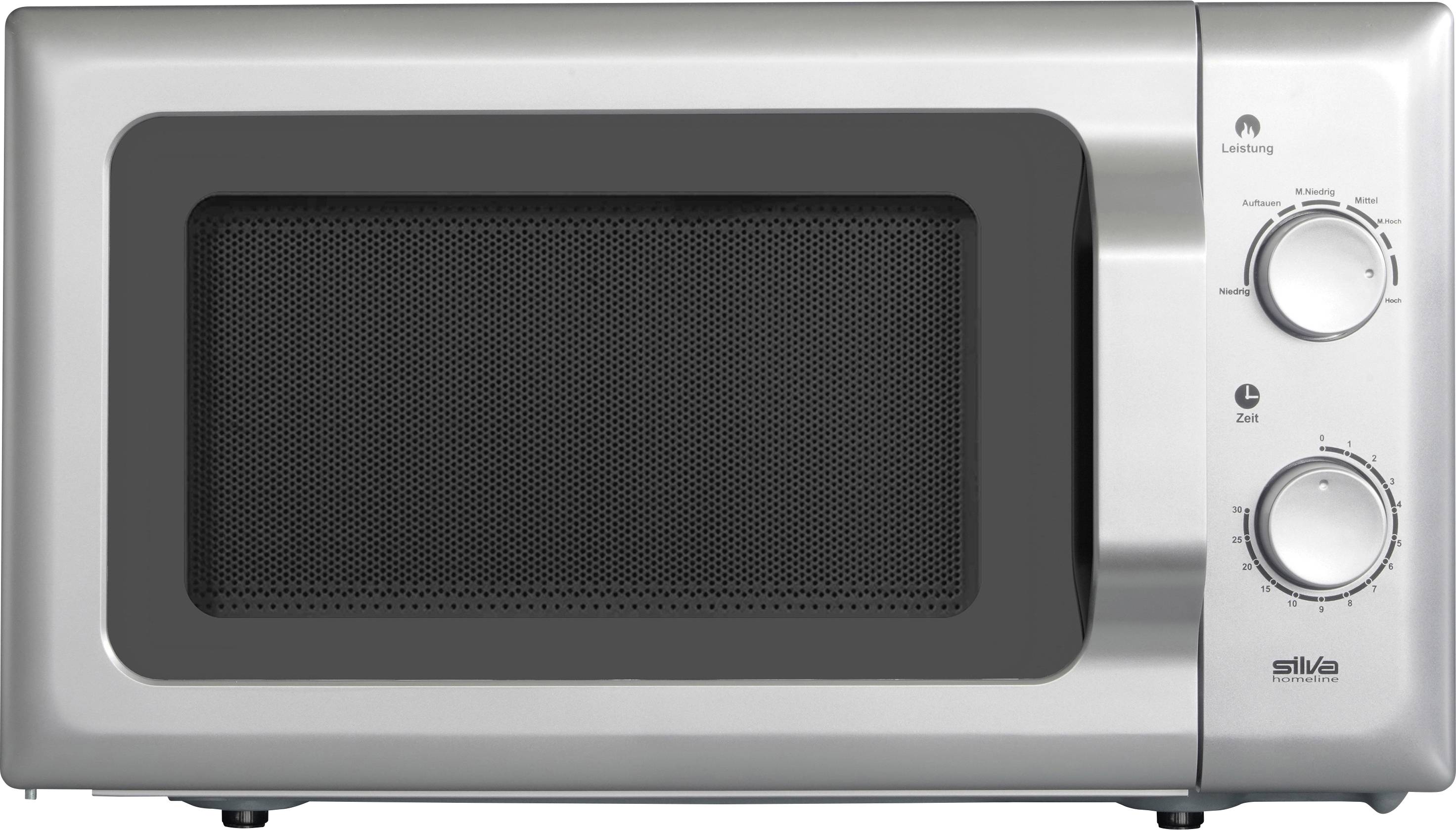 Een zilveren magnetron met twee draaiknoppen: bovenaan 'Vermogen' met waarden van 'Ontdooien' tot 'Maximaal', onderaan 'Tijd' met schaalverdeling.