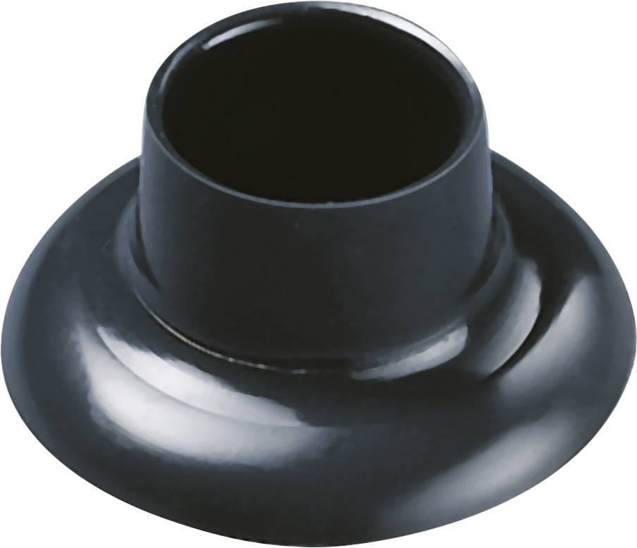 Zwart, kegelvormig rubberdeel met een brede rand en een opening bovenaan.