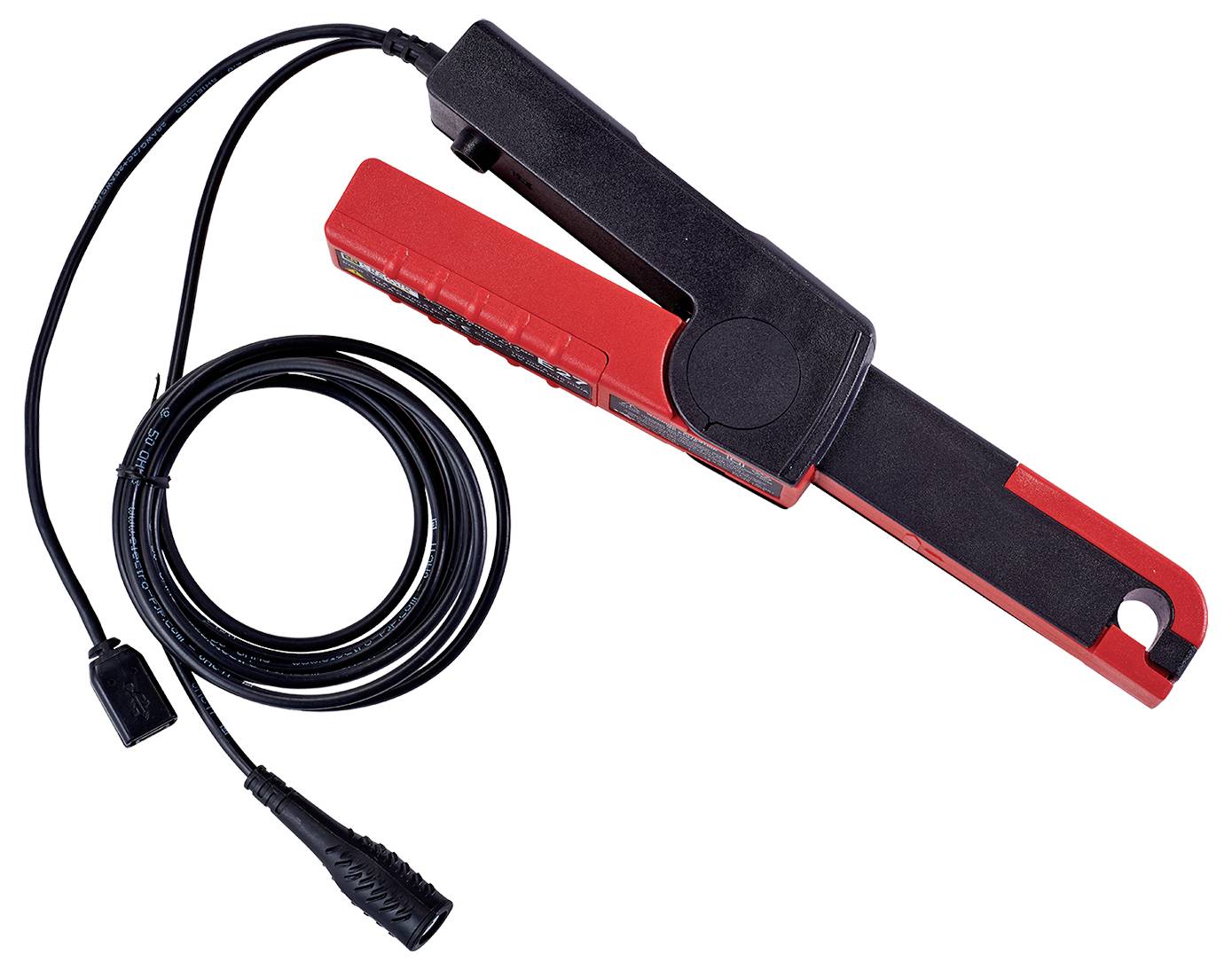 Rood en zwart stroommetingsapparaat voor elektrische toepassingen met een lang snoer en stekker.