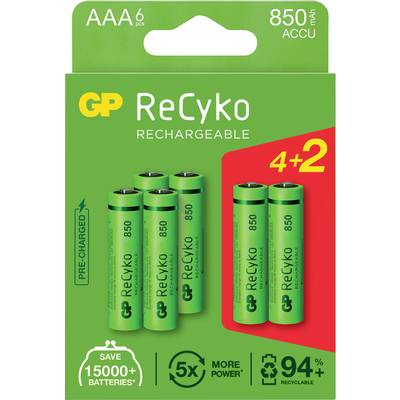 Onderhoudbaar Rubber schoonmaken GP Batteries ReCyko+ HR03 4+2 gratis Oplaadbare AAA batterij (potlood) NiMH  850 mAh 1.2 V 6 stuk(s) kopen ? Conrad Electronic